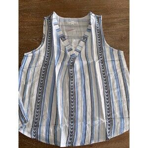 Mine Medium‎ Blouse Aztec Blue Striped Sleeveless V Neck Tank Button Back